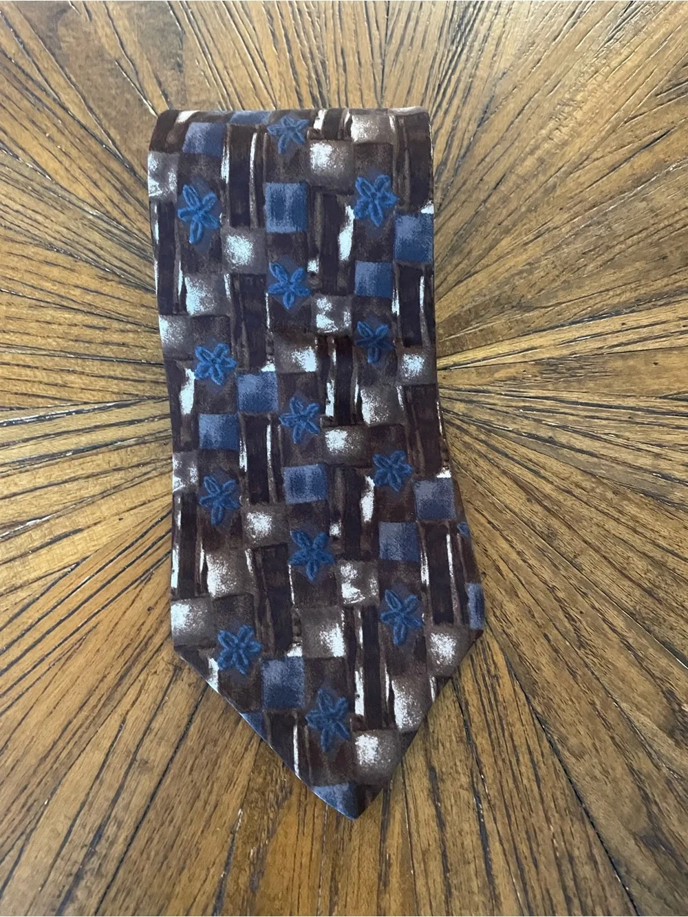 Zylos by George Machado Brown Silk Tie with Blue Floral and Geometric Pattern